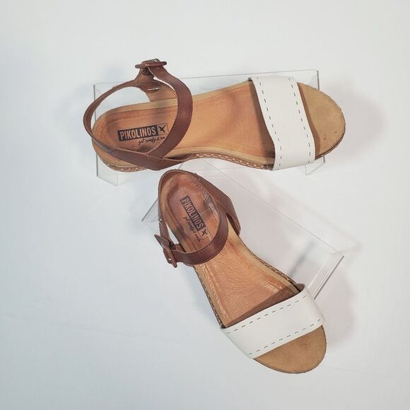 Pikolinos Women's Sandals US 7.5 EU 38 White Brown Leather Ankle Strap Low Heel - Picture 2 of 10